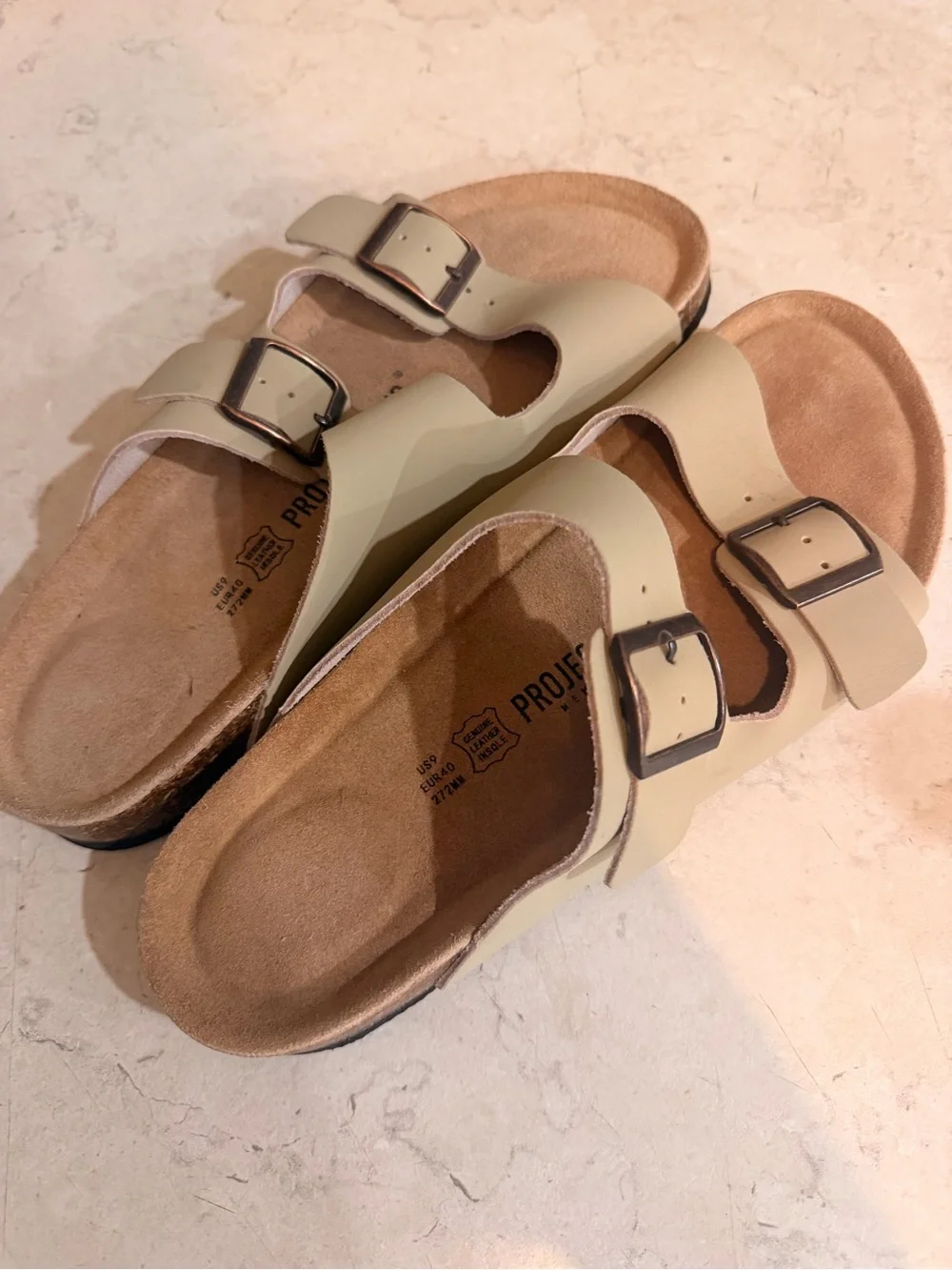 Womens Double-Buckle Sandals in Light Beige